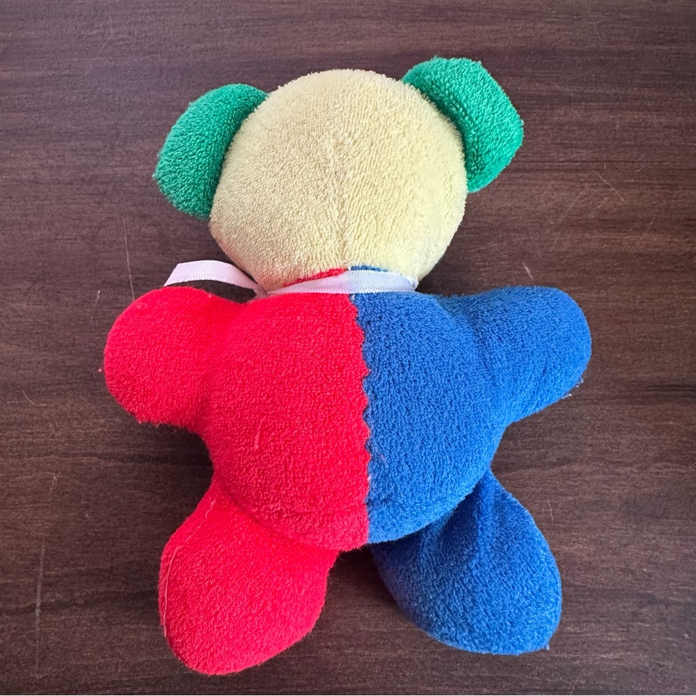 Vintage Eden Teddy Bear Plush Baby Rattle Toy Primary Colorblock Terrycloth 7” - Picture 3 of 6